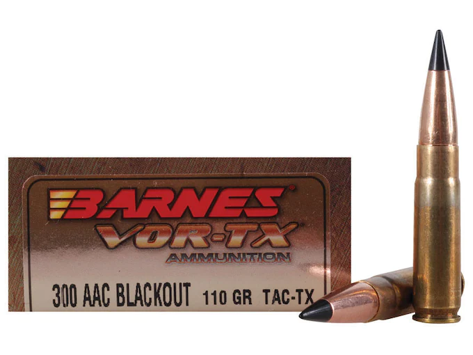 Barnes VOR-TX Ammunition 300 AAC Blackout 110 Grain TAC-TX Polymer Tipped Spitzer Flat Base Lead-Free Box of 20