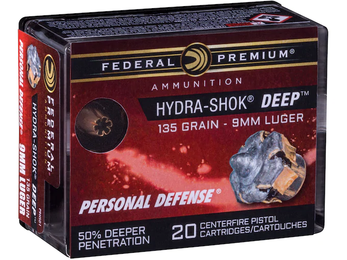 Federal Premium Personal Defense Ammunition 9mm Luger 135 Grain Hydra-Shok Deep Jacketed Hollow Point