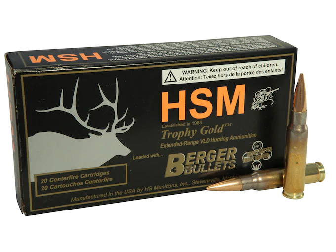 HSM Trophy Gold Ammunition 308 Winchester 168 Grain Berger Hunting VLD Hollow Point Boat Tail Box of 20