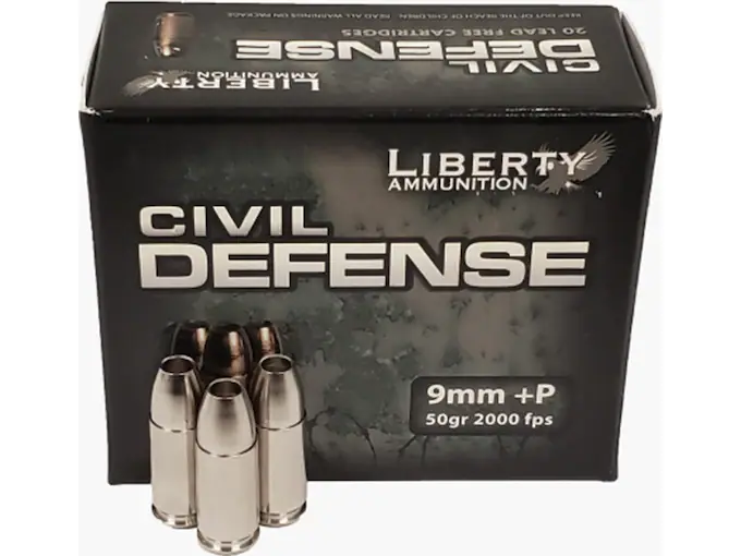 Liberty Civil Defense Ammunition 9mm Luger +P 50 Grain Fragmenting Hollow Point Lead-Free Box of 20
