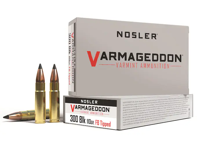 Nosler Varmageddon Ammunition 300 AAC Blackout 110 Grain Polymer Tip Flat Base Box of 20