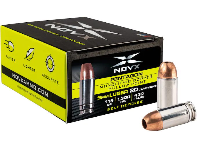 NovX Pentagon Self Defense Ammunition 9mm Luger 115 Grain Copper Hollow Point Lead Free