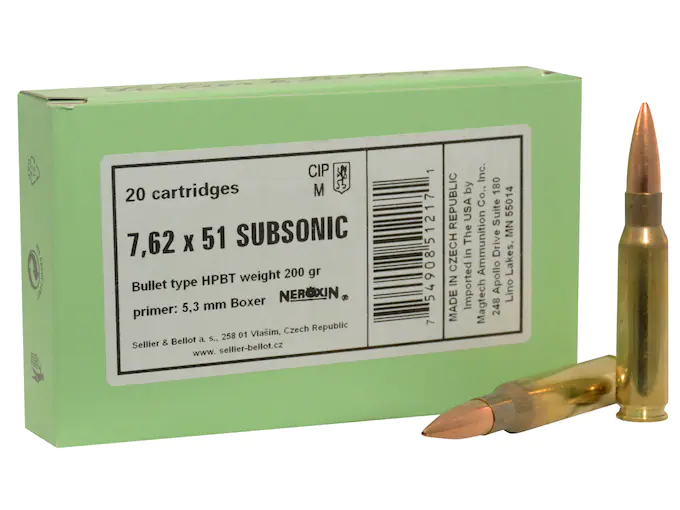 Sellier & Bellot Ammunition 308 Winchester Subsonic 200 Grain Sierra Matchking Hollow Point Boat Tail Box of 20
