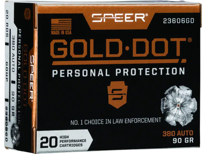 Speer Gold Dot Ammunition 380 ACP 90 Grain Jacketed Hollow Point Box of 20